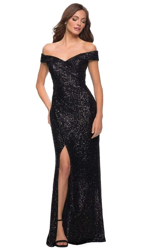 Plus size dresses featuring tiered skirts feel fun -La Femme - 29831 Off Shoulder High Slit Full Sequin Gown