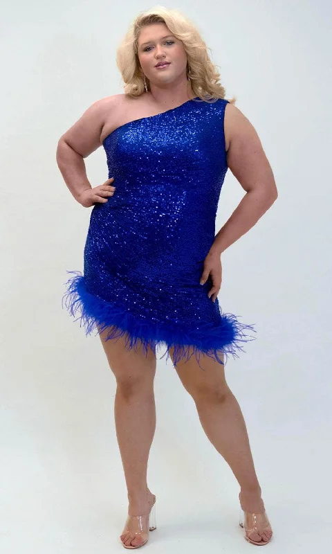 Plus size dresses featuring wrap styles are versatile -Sydney's Closet JK2401 - Asymmetric Feather Hem Cocktail Dress