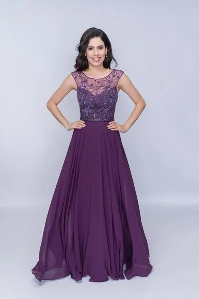 Plus size dresses with tie waists adjust perfectly -Nina Canacci - Bead Embellished A-Line Evening Gown M505 - 1 pc Plum In Size 18 Available