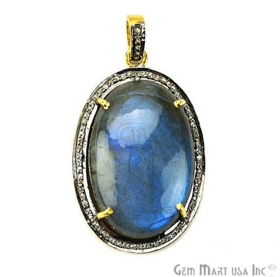 Best necklaces and pendants with rose gold for a warm and romantic appeal-Labradorite Cabochon with Natural Pave Diamond Setting 34x22mm Gold Vermeil Gemstone Necklace Pendant