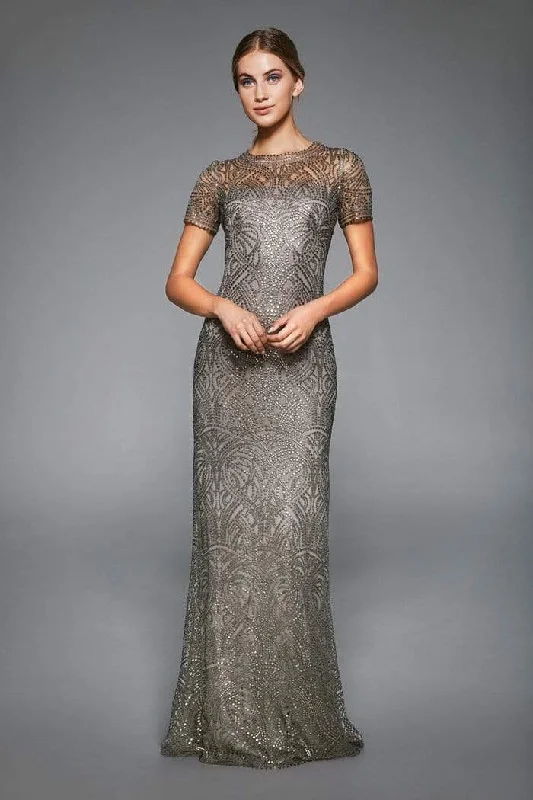 Plus size dresses featuring wrap styles are versatile -Tadashi Shoji - Sequined Illusion Jewel Sheath Gown - 1 pc Smoke Pearl In Size 16 Available