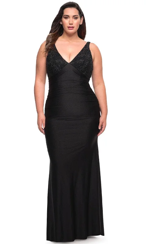 Plus size dresses for celebrations shine with style -La Femme 29751 - Sleeveless V-Neck Column Dress