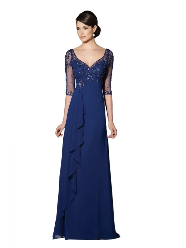 Plus size dresses for every mood adapt well -Mon Cheri Beaded V-Neck Long Dress In Blue Willow 214689W