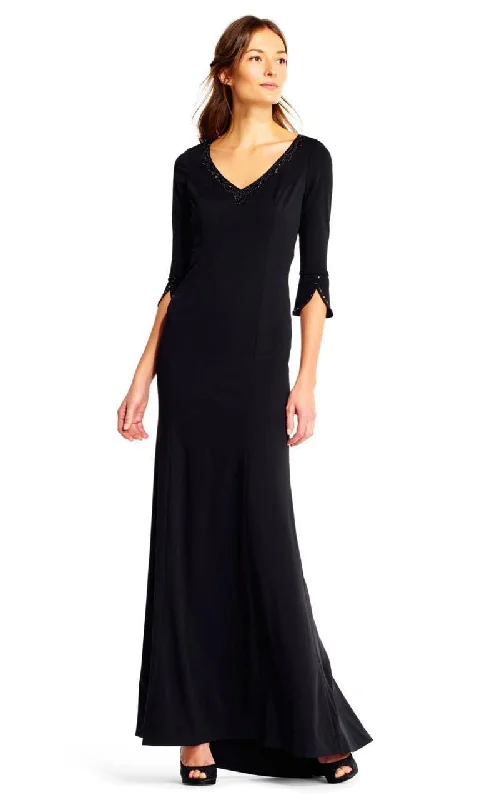 Plus size dresses featuring chiffon layers feel airy -Adrianna Papell - AP1E201431 Embellished Long Sleeve Stretch Gown