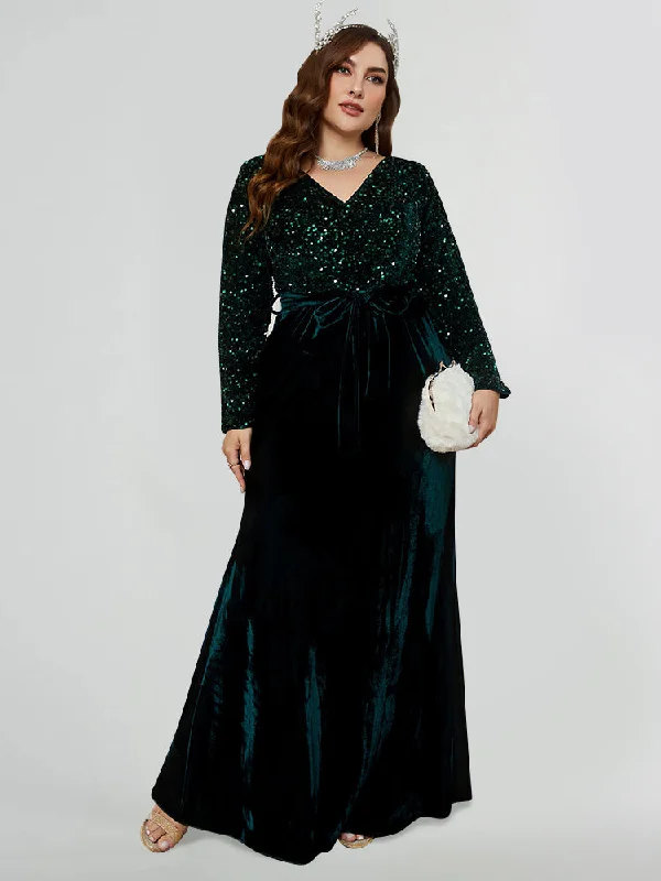 Plus size dresses with playful details add charm -Sequin V Neck Belted Velvet Dress