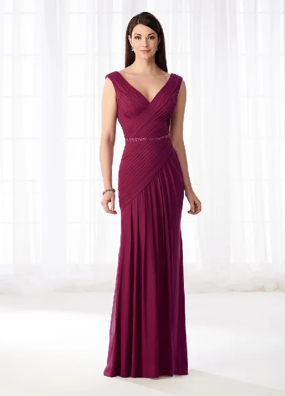 Plus size dresses with floral appliques feel sweet -Mon Cheri - Stretch Mesh Pleated V-Neckline Formal Gown 218603 - 1 pc Raspberry In Size 4 Available