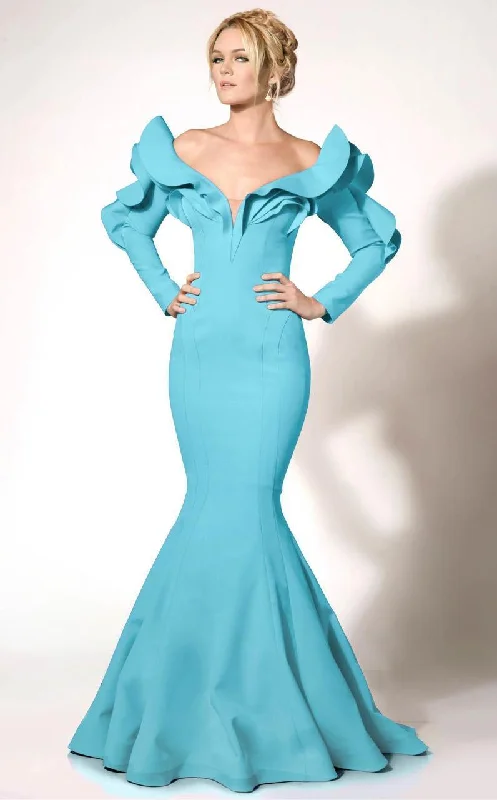 Plus size dresses featuring braided trims are artsy -MNM COUTURE 2285A Long Sleeve Off-Shoulder Mermaid Dress