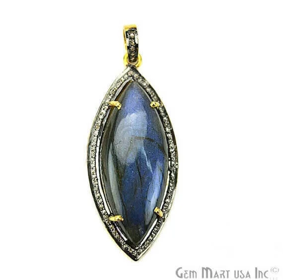 Beautiful necklaces and pendants with butterfly motifs for a whimsical style-Labradorite Cabochon with Natural Pave Diamond Setting 42x18mm Gold Vermeil Gemstone Necklace Pendant