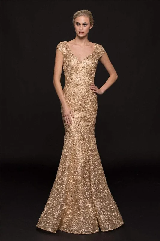 Plus size dresses with unique necklines add flair -Marsoni by Colors M212 Fitted Lace V-Neck Mermaid Gown - 1 pc Gold in size 12 Available