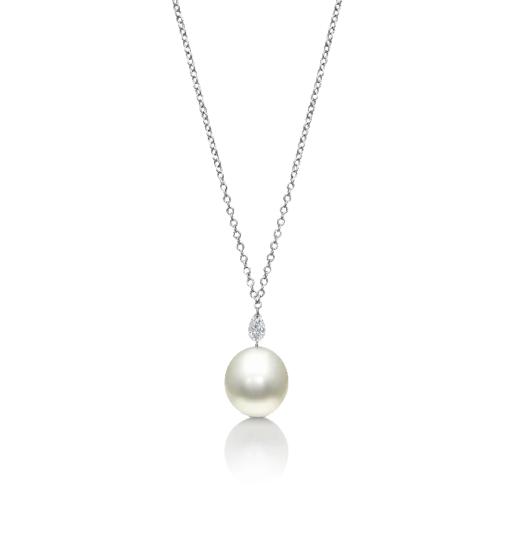 Necklaces and pendants with feather designs for a boho-chic, carefree vibe-Sabel Collection White Gold Pearl and Diamond Drop Necklace