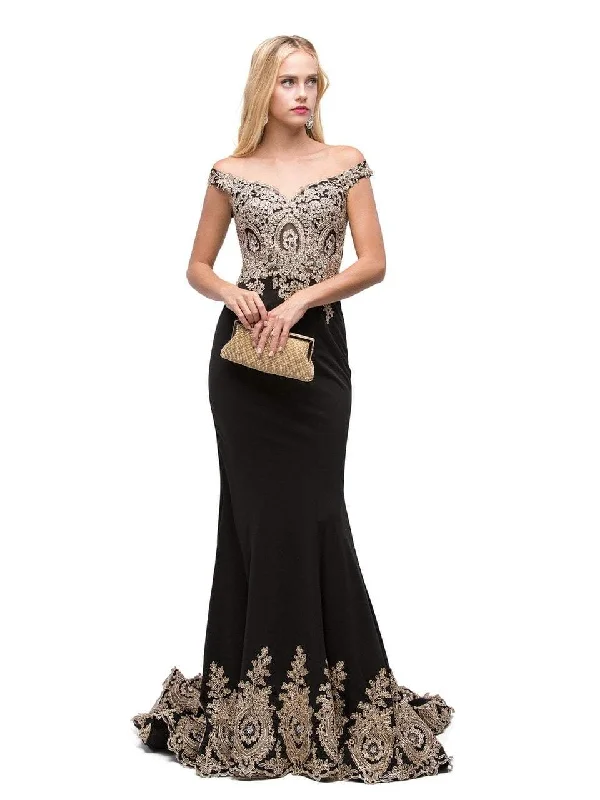 Plus size dresses with short sleeves suit spring -Dancing Queen 9946 Off-Shoulder Embellished Evening Gown - 1 pc Black in Size XL Available