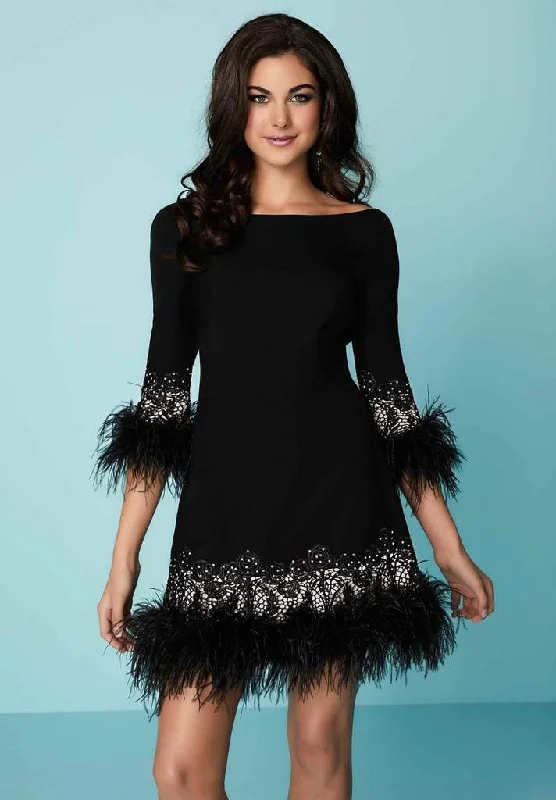 Plus size dresses featuring neutral tones pair easily -Tiffany Homecoming - Embellished Bateau Feathered Sheath Dress 27142 - 1 pc Black/Nude in Size 12 Available