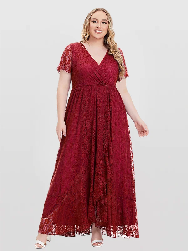 Plus size dresses with unique patterns catch eyes -Solid Lace V-Neck Ruffle Hem Bridesmaid Dress