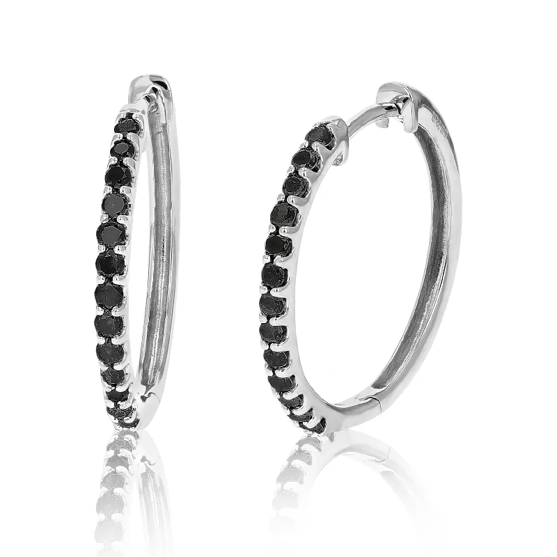 Hoop earrings with luxe velvet finishes for a rich and luxurious touch-1/2 cttw Black Diamond Hoop Earrings .925 Sterling Silver 26 Stones Dangle 3/4 Inch