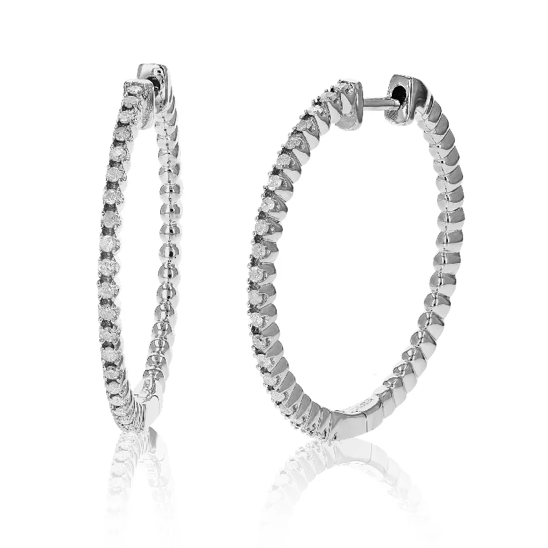 Hoop earrings with twisted leather for a chic and modern boho look-1/2 cttw Diamond Hoop Earrings .925 Sterling Silver Classic 44 Stones 1.25 Inch