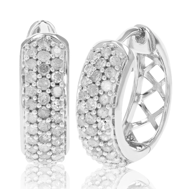 Hoop earrings with circle designs for a classic and timeless shape-1 cttw Diamond Hoop Earrings .925 Sterling Silver Three Row Round 3/4 Inch