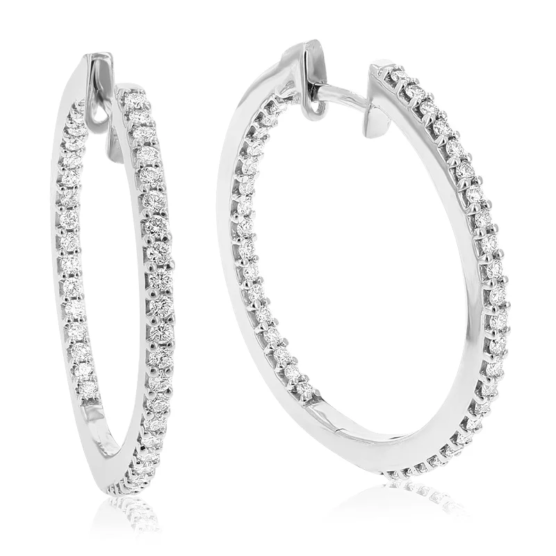 Hoop earrings with textured finishes for a vintage and classic style-1 cttw Round Cut Lab Grown Diamond Hoop Earrings in .925 Sterling Silver Prong Set 1 Inch