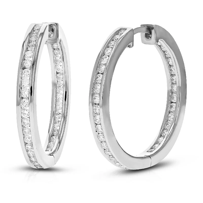 Hoop earrings with leather accents for a sleek and bold combination-1 cttw Round Lab Grown Diamond Hoop Earrings .925 Sterling Silver Channel Set 1 Inch