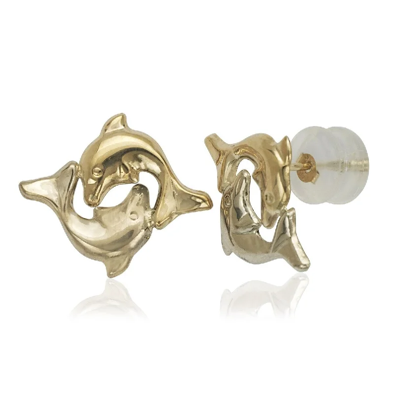 Best hoop earrings with oval shapes for a unique and elongated design-14k Two-tone Gold Double Dolphin Post Earrings - White