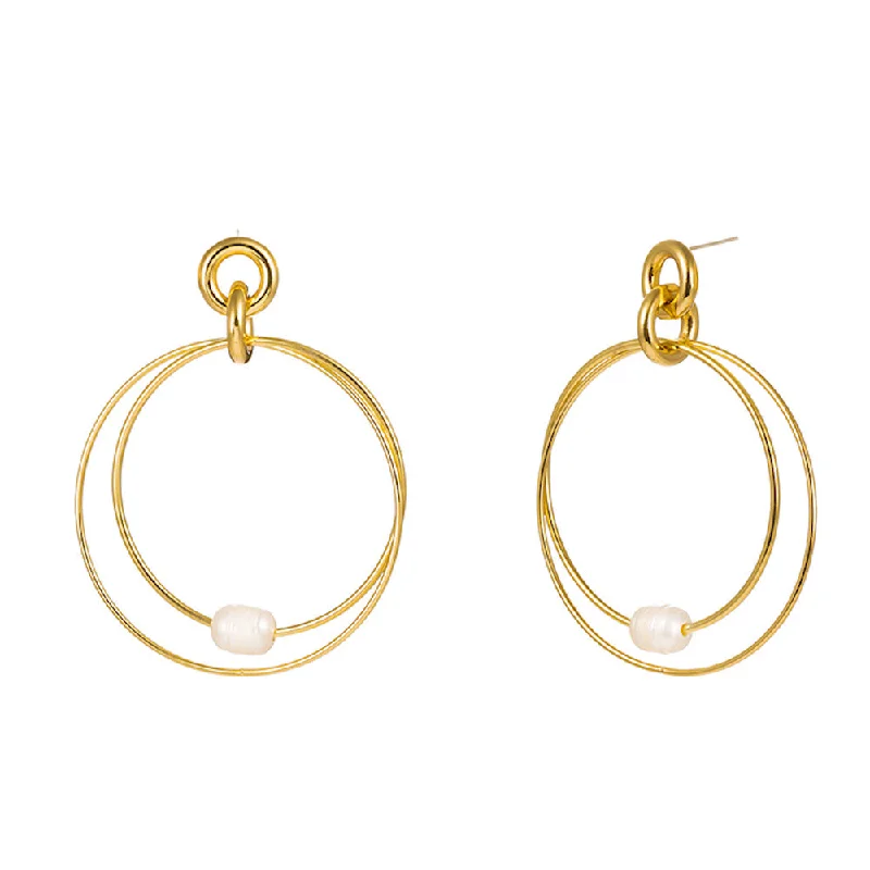 Hoop earrings with pearl accents for a chic and classic style-18k Gold Double Ring Pearl Earrings