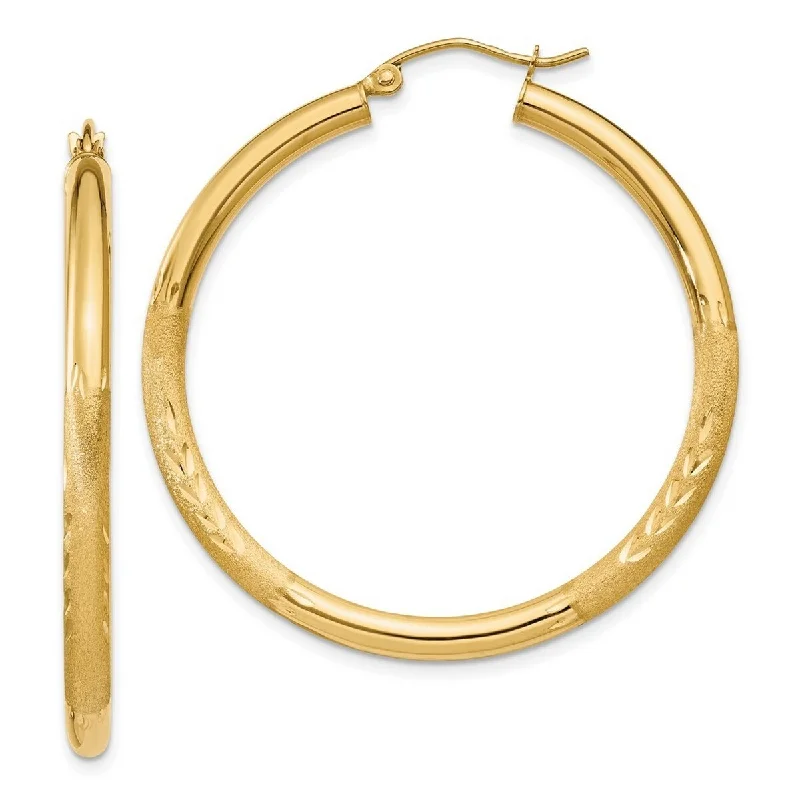 Hoop earrings with polished metal for a shiny and high-quality finish-Curata 10k Yellow Gold Satin and Sparkle Cut 3x40mm Round Hoop Earrings - 40x40mm Wide