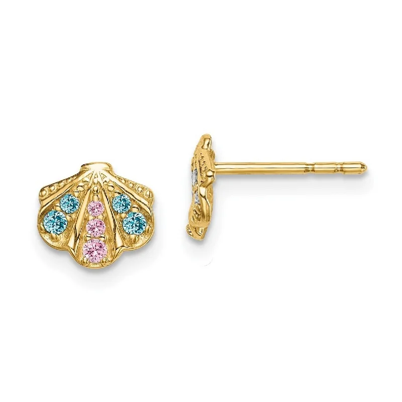 Hoop earrings with rhinestone-studded rims for a glamorous touch-Curata 14k Madi K Blue and Pink CZ Cubic Zirconia Simulated Diamond Seashell Post Earrings Measures 7.3mm long