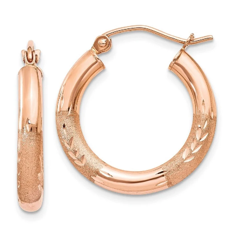 Hoop earrings with oversized designs for a bold, fashion-forward statement-Curata 14k Rose Gold Satin Diamond Cut3mm Round Tube Hoop Earrings