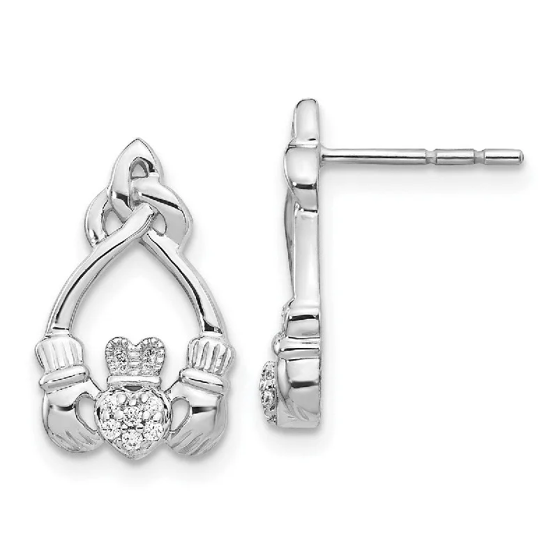 Hoop earrings with circle designs for a classic and timeless shape-Curata 14k White Gold Diamond Irish Claddagh Celtic Trinity Knot Post Earrings Measures 16x10mm Wide