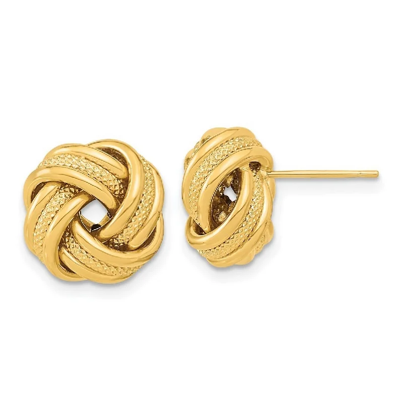 Classic hoop earrings with a thin profile for a sleek and subtle style-Curata 14k Yellow Gold 13mm Textured Triple Love Knot Post Earrings