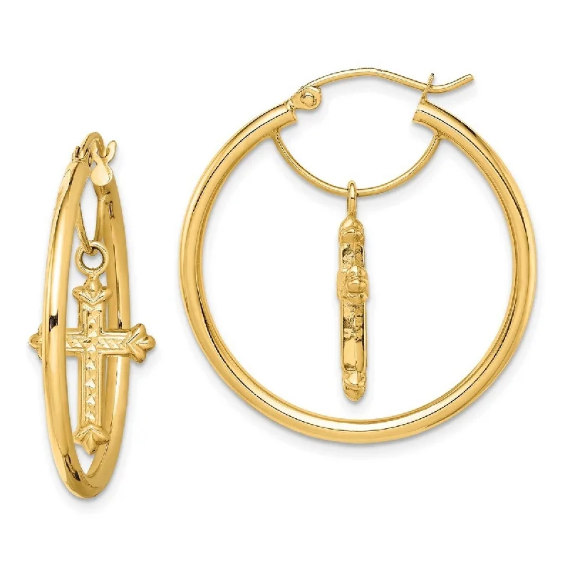 Hoop earrings with oversized designs for a bold, fashion-forward statement-Curata 14k Yellow Gold Cross Dangle Hoop Earrings - 31x29.85mm