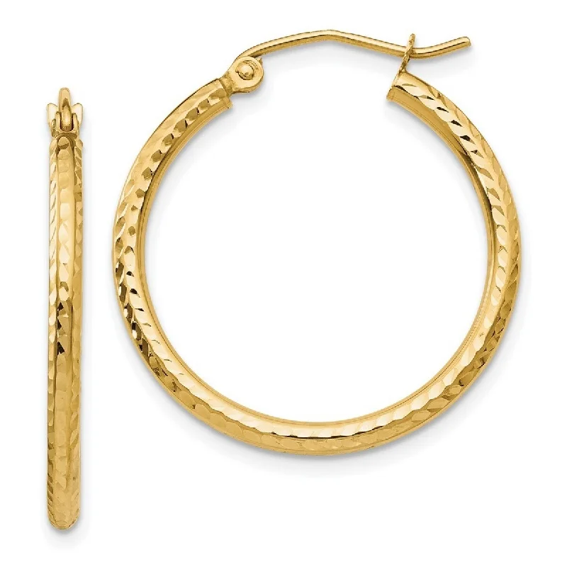 Hoop earrings with intricate designs for a unique and artistic appearance-Curata 14k Yellow Gold Diamond-Cut 2x25mm Round Tube Hoop Earrings