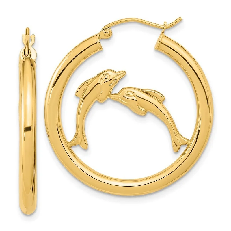 Hoop earrings with luxe velvet finishes for a rich and luxurious touch-Curata 14k Yellow Gold Polished Dolphins Hoop Earrings 32.52x2.91mm