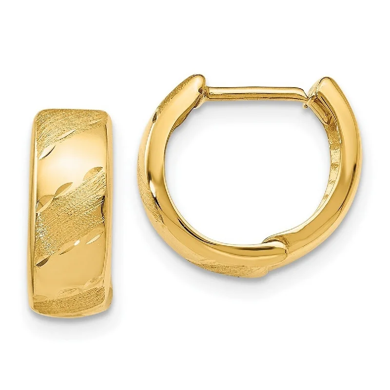 Hoop earrings with twisted metal designs for a dynamic and modern style-Curata 14k Yellow Gold Textured Polished and Satin Hinged Huggies Hoop Earrings (6mm x 13mm)