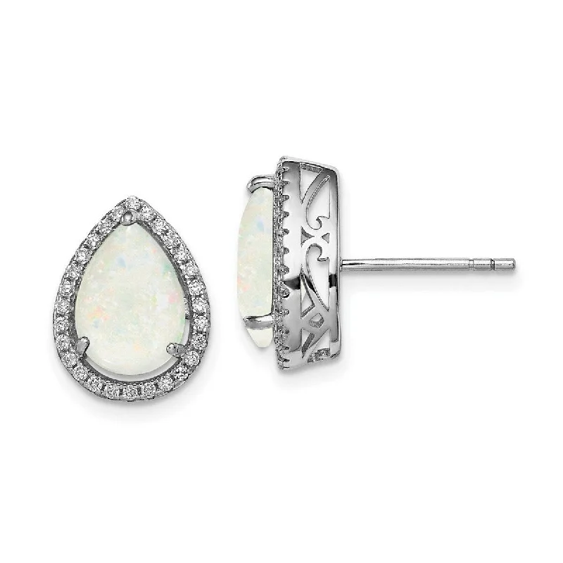 Hoop earrings with polished metal for a shiny and high-quality finish-Curata 925 Sterling Silver Polished Polihsed Simulated Opal and Cubic Zirconia Post Earrings Measures 14x11mm Wide