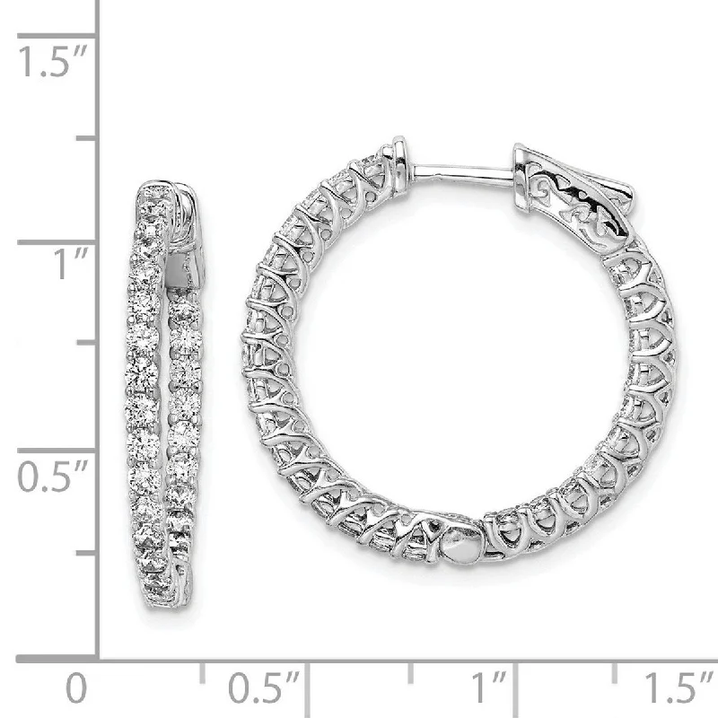 Large hoop earrings for a bold and statement-making fashion accessory-Curata 925 Sterling Silver Polished Prong set Hinged hoop Safety clasp Rhodium plated CZ Cubic Zirconia Simulated Diamond Round