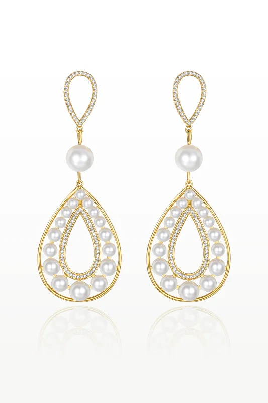 Best hoop earrings with cubic zirconia for a budget-friendly, dazzling look-Gold Pearl Hollow Teardrop Dangle Earrings