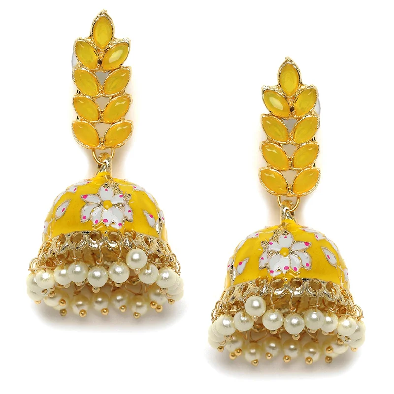 Hoop earrings with twisted metal designs for a dynamic and modern style-Gold-plated Meenakari Jhumkas