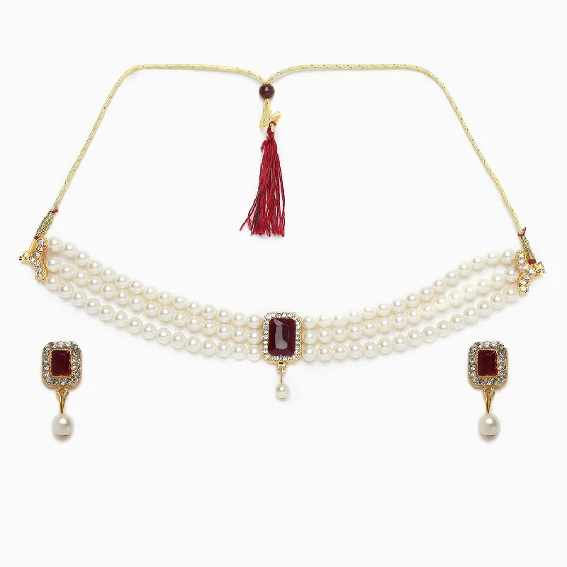 Best hoop earrings with snake-inspired designs for an edgy and fierce vibe-Gold-plated White  Maroon Faux-ruby  Beaded Jewellery Set