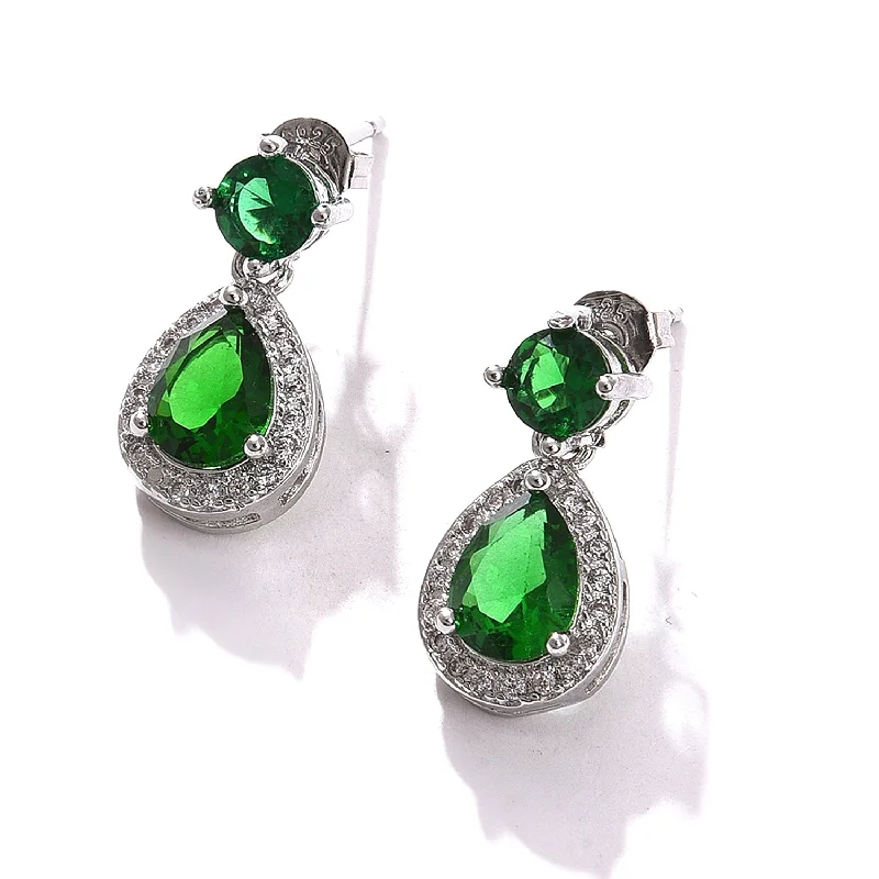 Best hoop earrings with satin ribbons for a soft, feminine appearance-Green Color Pack Of 2 Silver Plated American Diamond Drop Earring For Women's