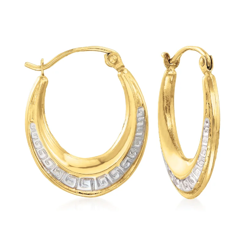 Hoop earrings with textured gold for a refined and sophisticated aesthetic-Ross-Simons 14kt 2-Tone Gold Greek Key Oval Hoop Earrings