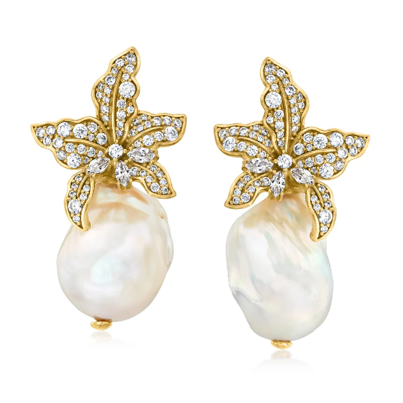 Best hoop earrings with braided leather for a rustic, stylish finish-Ross-Simons Italian 13-18mm Baroque Pearl and CZ Flower Earrings in 18kt Gold Over Sterling