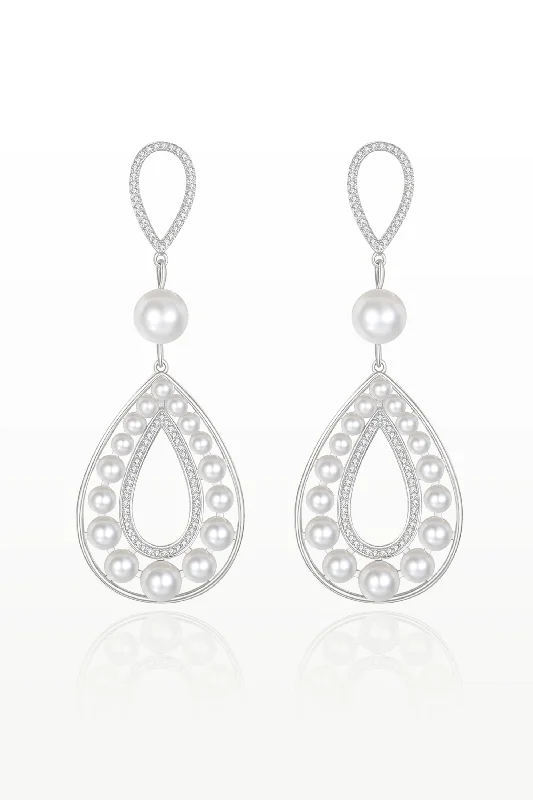 Classic hoop earrings with a thin profile for a sleek and subtle style-Silver Pearl Hollow Teardrop Dangle Earrings