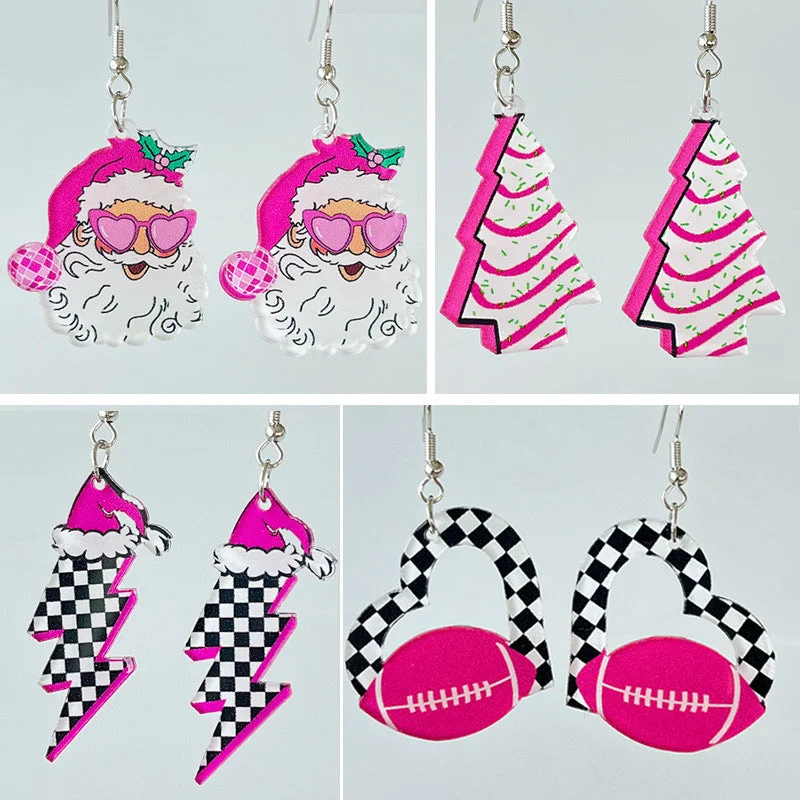 Hoop earrings with braided patterns for a detailed and textured finish-Wholesale 2pairs/pack Pink Christmas Santa Claus Christmas Tree Lightning Football Earrings