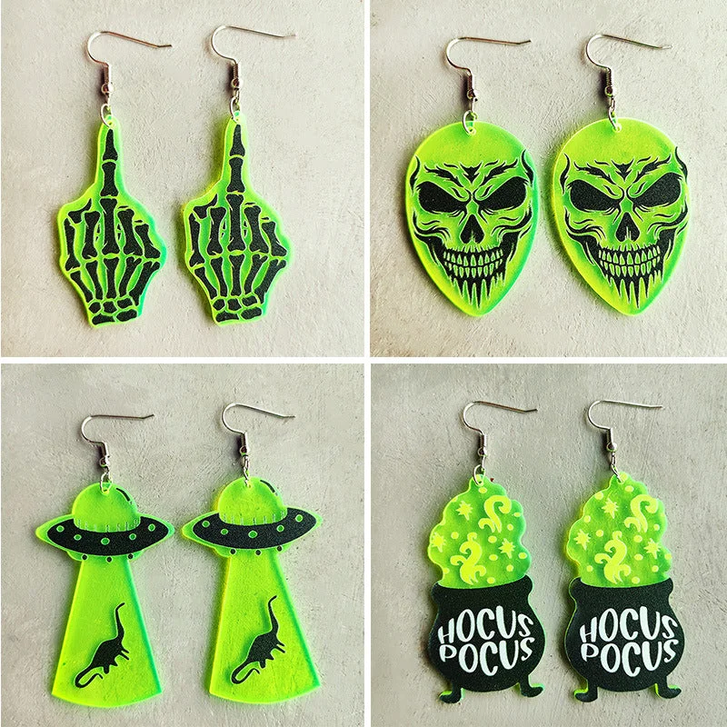 Lightweight hoop earrings for comfortable and all-day wear-Wholesale Halloween Skeleton Alien UFO Fluorescent Acrylic Earrings